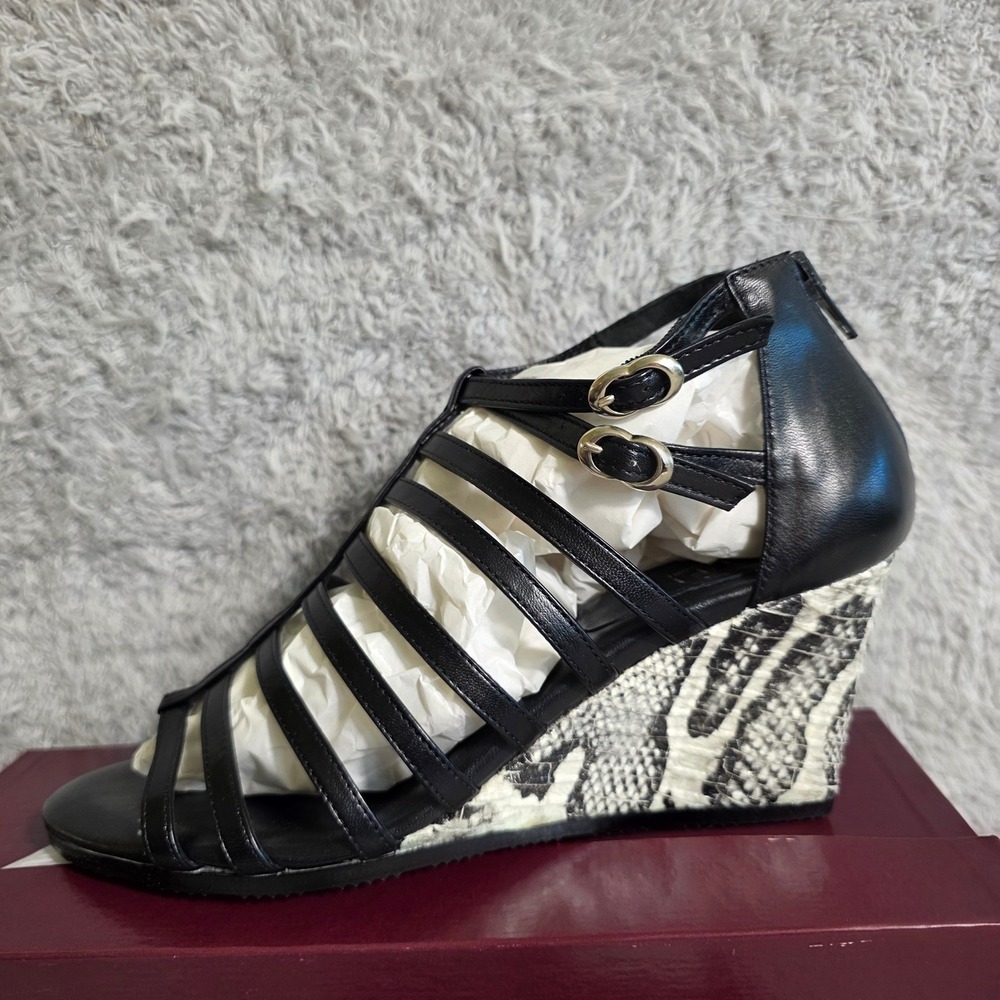 Amalfi Rangoni Black Italian Leather Snakeskin Wedge‎ Gladiator Sandals 9.5M NEW